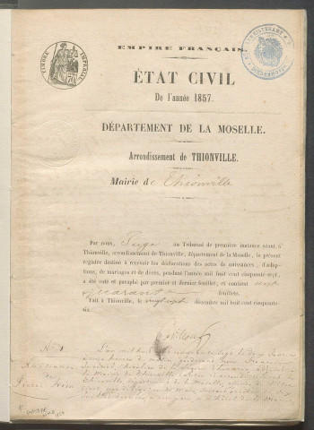 État civil : registre de naissances, mariages et décès (1857)