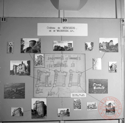 Exposition sur les fortifications à Thionville en 1970 par Georges Martig - Panneau sur le château de Meinsberg dit de "Malborough" (Malbrouck) - Xve