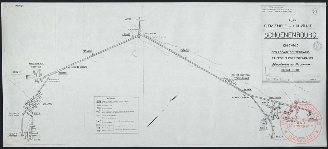 PLAN D'ENSEMBLE DE L'OUVRAGE SCHOENBOURG. ENSEMBLE DES LOCAUX SOUTERRAINS ET DESSUS CORRESPONDANTS.