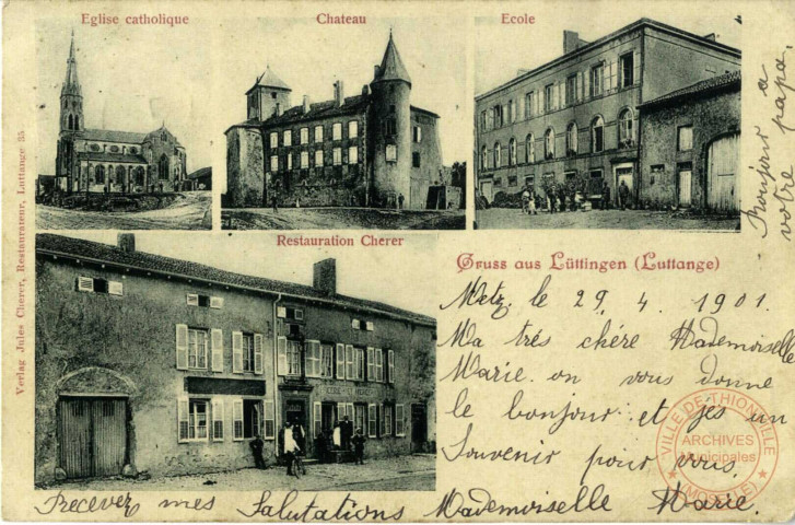 Gruss aus Lüttingen (Luttange) - Eglise Catholique - Château - Ecole - Restaurant Cherer