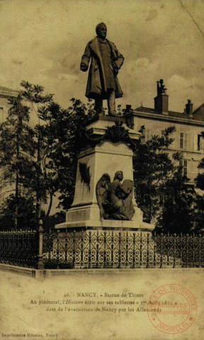 NANCY - Statue de Thiers Au piédestal, l'Histoire écrit sur ses tablettes '1er Août 1873' date de l'évacuation de nancy par les Allemands