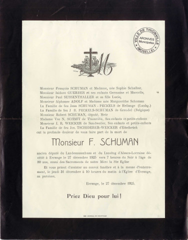 Avis mortuaire du député du Landesausschuss et du Landtag d'Alsace-Lorraine Ferdinand Schuman
