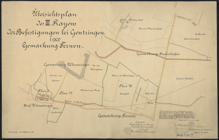 [PLAN DE THIONVILLE].- Surcharges françaises sur un plan allemand de 1940.Terville, Beauregard, St. Pierre, Thionville, La Malgrange, St. François, Lagrange, Manom, Basse- Yutz.