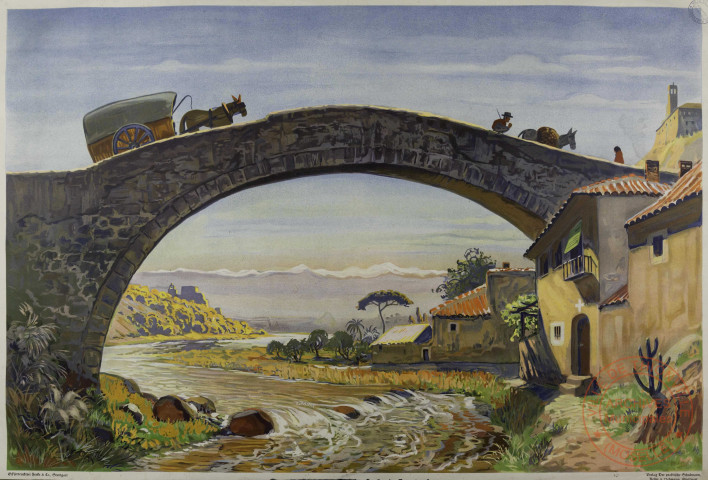 [Vue d'un paysage méditerranéen avec un pont passant au-dessus d'un cours d'eau]