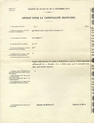 Formulaire administratif d'option pour la nationalité française, papier, 1872.