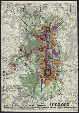 « SCHEMA D'AMENAGEMENT ET D'URBANISME DU NORD DE LA METROPOLE LORRAINE ».- Modifié par décret interministériel de 1978.- Légende. Long terme pour 1 000 000 habitants.Thionville, Briey, Metz.