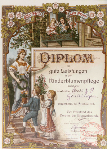 [Diplôme décerné pour le soin des fleurs à M. Noël J. P. de Guentrange par l'association des Amis des Fleurs]