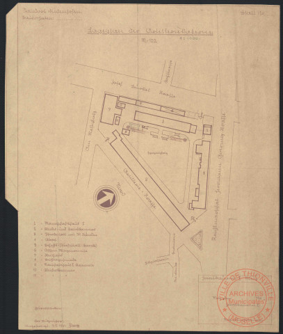 « STANDORT DIEDENHOFEN. LAGERPLAN DER ARTILLERIE KASERNE.».- Josef Bürckel Strasse, Am Messplatz, Artillerie Strasse, Reichsmarshall Hermann Goering Strasse