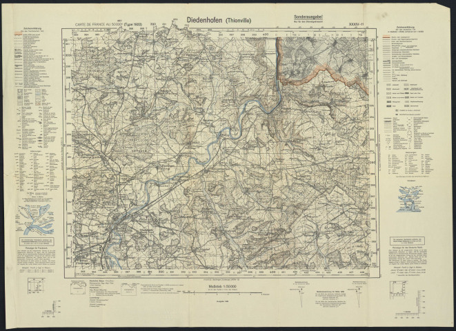 « DIEDENHOFEN (THIONVILLE) ».- Carte militaire allemande avec les noms des communes françaises traduites en allemand.Légende.Thionville, Evrange, Florange, Veckring, Burmerange, Puttelange, Kemplich, Hettange-Grande