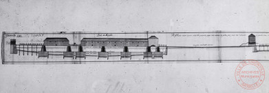 Thionville 1740. Pont de la Moselle. Profil pris depuis la porte de la Ville jusqu'à la gorge de la couronne de Yutz pour faire voir la hauteur des eaux du débordement de la Moselle du 18 octobre de la présente année.