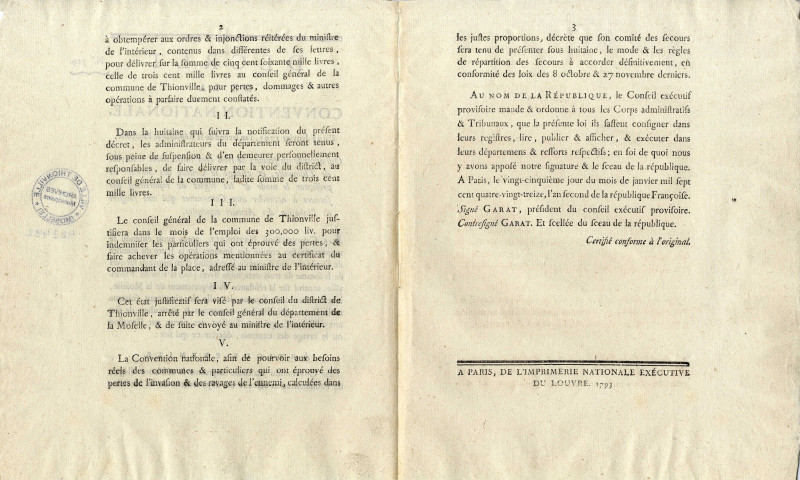 Décret de la Convention nationale du 23 janvier 1793 qui accorde un secours de trois cent mille livres à la ville de Thionville et charge le Comité des secours de présenter me mode et les règles de répartition des secours à accorder aux communes qui ont souffert de l'invasion des armées ennemies