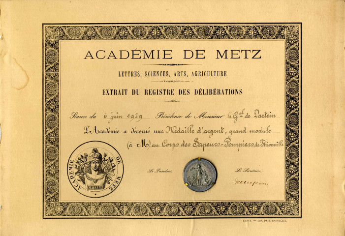 Diplôme de l'Académie de Metz de 1929 décerné au corps des sapeurs-pompiers de Thionville