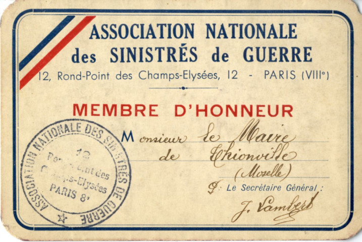 Carte de membre d'honneur de l'Association nationale des sinistrés de guerre (n.d.)