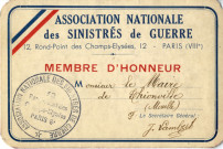 Carte de membre d'honneur de l'Association nationale des sinistrés de guerre (n.d.)