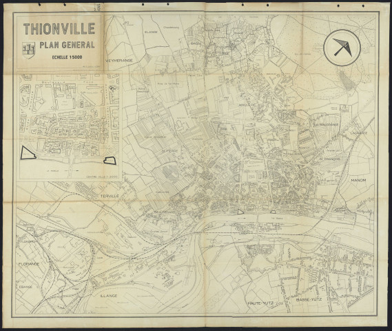 « THIONVILLE. PLAN GENERAL ».- Reproduction d'un plan mis à jour en 1964. En plus, un plan du centre ville au 2000e.