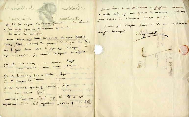 Lettre de remerciement du Secrétaire perpétuel de l'Académie Française, Raynouard, à M. le sous-préfet de Thionville Teissier pour son envoi d'un exemplaire de la Charte de Thionville dont il a apprécié la grammaire et la langue.