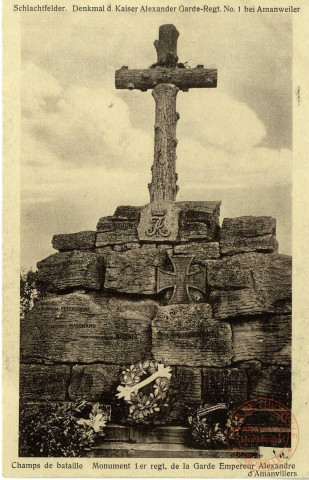 Schlachtfelder. Denkmal d. Kaiser Alexander Garde-Regt n°1 bei Amanweiler. Champ de bataille. Monument 1er regt. de la Garde empereur Alexandre d'Amvillers