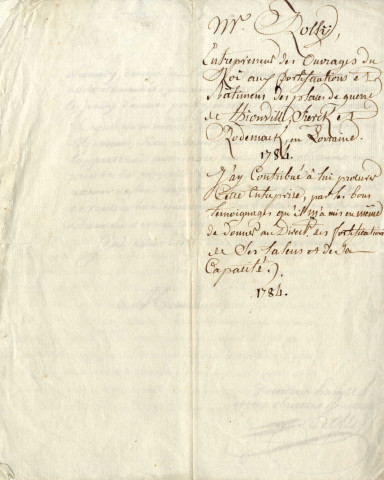 Correspondance de l'entrepreneur des ouvrages du Roi aux fortifications et bâtiments des places de guerre de Thionville, Sierck et Rodemack (1784)