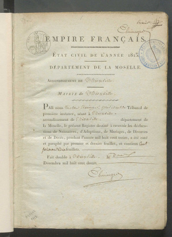 État civil : registre de naissances, mariages, décès (1813)
