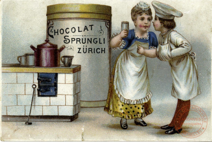 [Marmiton et une jeune cuisinière devant un pot de chocolat Sprüngli de Zürich] ; [Un jeune colporteur vient livrer une tablette géante chocolat Sprüngli]