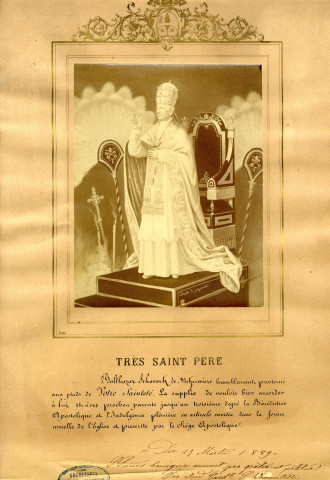 Très Saint Père, Balthazar Schwartz de Metzervisse humblement prosterné aux pieds de Votre Sainteté, La supplie de vouloir bien accorder à lui et à ses proches parents jusqu'au trosième dergé la Bénédiction Apostolique et l'Indulgence plénière in articulo mortia dans la forme usuelle de l'Eglise et prescrite par le Siège Apostolique.