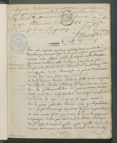 État civil : Registre d'état civil : mariages (1793)