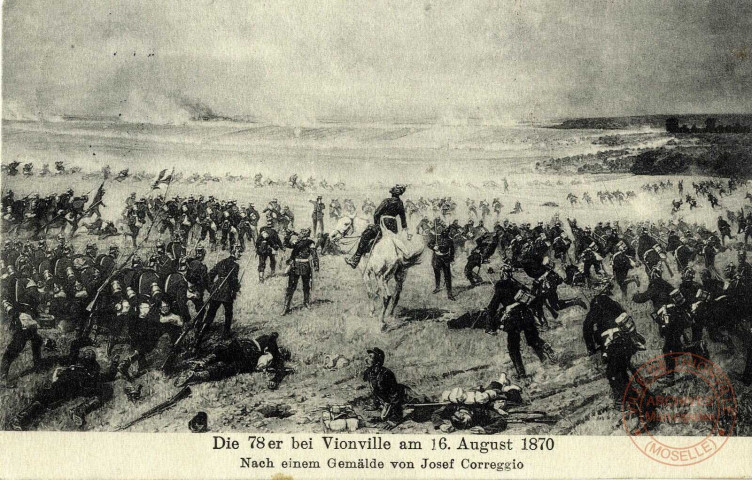 Die 78er bei Vionville am 18 August 1870. Nach einem Gemälde von Josef Correggio.