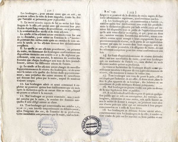 Ordonnance du Roi portant règlement sur l'exercice de la profession de boulanger à Thionville