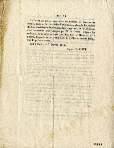 Arrêté de Charles-Antoine Chasset, comte d'empire, membre du Sénat-Conservateur, titulaire de la sénatorerie de Metz, pour les levées de la Circonscription et des Cohortes de la Garde Nationale.