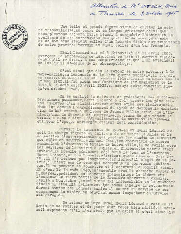Discours de Me Ditsch maire de Thionville (2 octobre 1965)