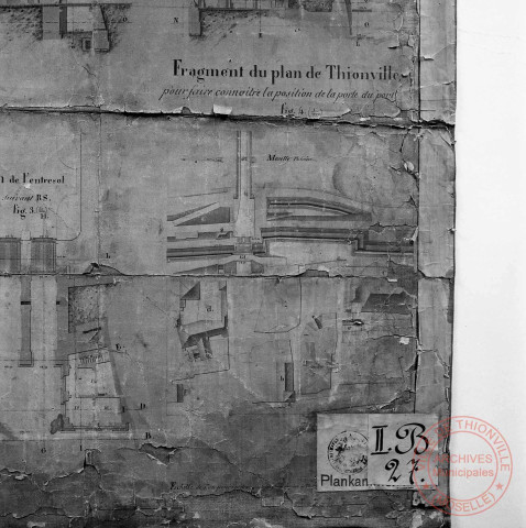 Thionville 1853, coupes et élévations de la porte du pont de la Moselle,fragment du plan de Thionville pour faire connaître la position de la porte du pont - Extrait de "Atlas des bâtiments militaires", génie, région de Metz