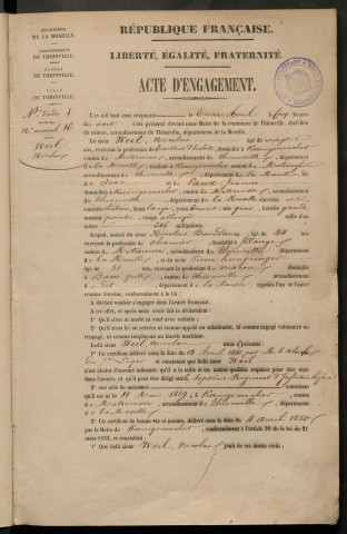 RECRUTEMENT DE L'ARMEE.- Enrôlement volontaire : registre d'actes d'engagement nominatifs et signalétiques (1850-1855)