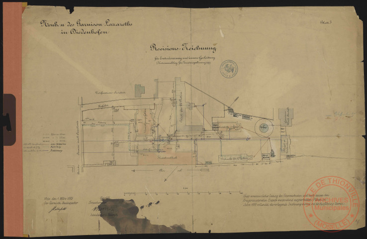 REVISIONS ZEICHNUNG. FÜR ENTWASSERUNG UND ÄUSSERE GASTEITUNG (KOSTENANSCHLAG FÜR TERRAINREGULIRUNG P.P.). NEUBAU DES GARNISONS LAZARETHS IN DIEDENHOFEN. BLATT 3.