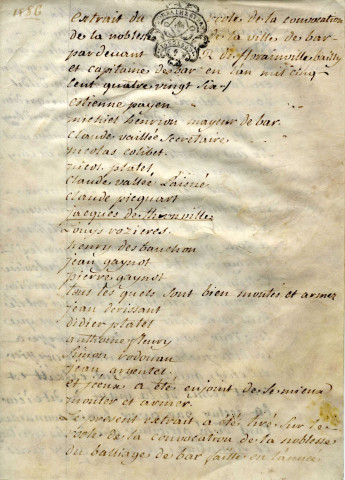 Extrait du rôle de la convocation de la Noblesse de la Ville de Bar par devant R. de Florainville bailli et capitaine de Bar en l'an 1586, parchemin, manuscrit, encre, 2 f°, 1788.Collationné par le notaire royal au bailliage royal de Saint-Dié sur l'original en papier ordinaire remis à Messire François Xavier Hyacinte de Thionville, chanoine de la Cathédrale dudit Saint-Dié.