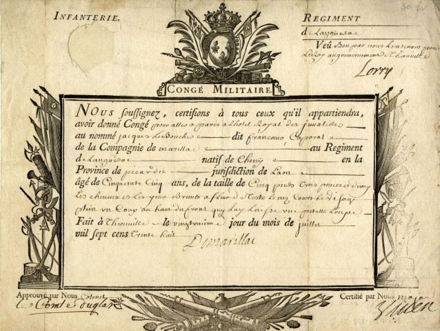 Certificat de congé militaire délivré à Thionville concernant Jacques Leboucher, caporal de la compagnie de Marillac au régiment du Languedoc, natif de Cheny en Picardie pour se rendre à Paris à l'Hôtel des Invalides, papier, manuscrit, encre, 20 juillet 1738.