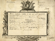 Certificat de congé militaire délivré à Thionville concernant Jacques Leboucher, caporal de la compagnie de Marillac au régiment du Languedoc, natif de Cheny en Picardie pour se rendre à Paris à l'Hôtel des Invalides, papier, manuscrit, encre, 20 juillet 1738.