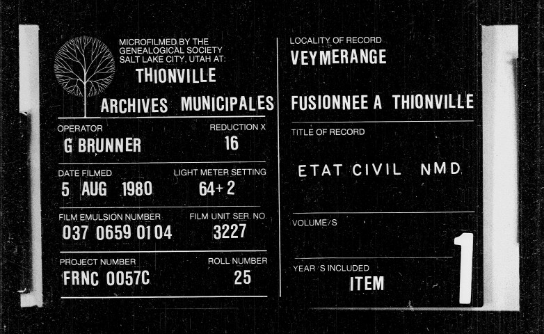 Veymerange : registres d'état civil (1843-1871). Oeutrange : tables décennales (1733-1813), registres paroissiaux BMS (1733-1792), registres d'état civil (1793-1802)