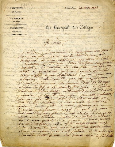 Lettre du principal Stock du Collège de Thionville adressée à M. Barral, professeur de chimie, pour la défense de son fils qui est à l'Institut Sainte Barbe de Paris.