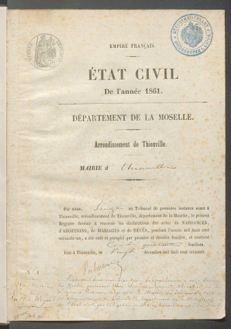 État civil : registre de naissances, mariages et décès (1861)