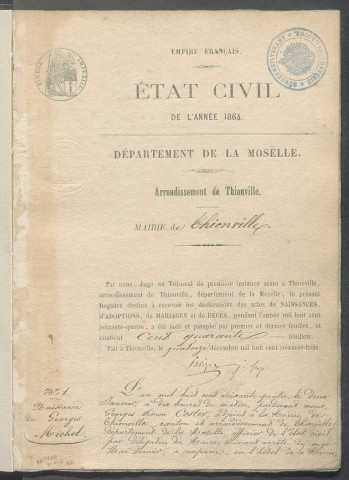 État civil : registre de naissances, mariages et décès (1864)