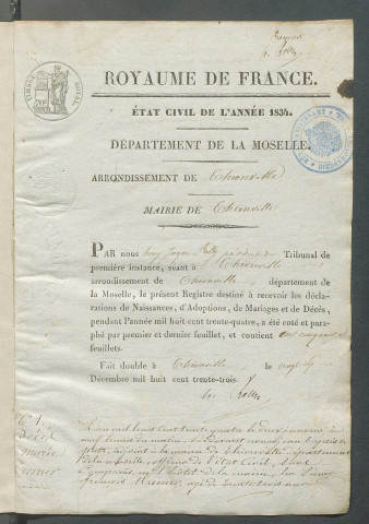 État civil : registre de naissances, mariages, décès (1834)