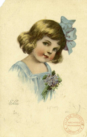 [Lithographie couleur d'une petite fille portant une robe et un flot bleus]