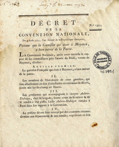 Décret de la Convention nationale du 4 août 1793 portant que la garnison qui était à Mayence a bien mérité de la Patrie
