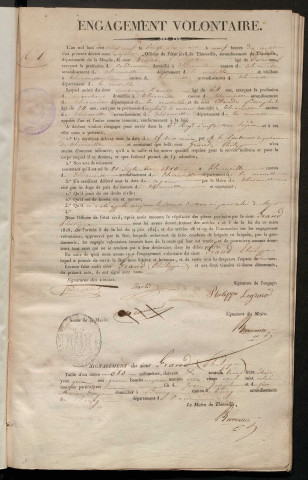 RECRUTEMENT DE L'ARMEE.- Enrôlement volontaire : registre d'actes d'engagement nominatifs et signalétiques (1822-1831)