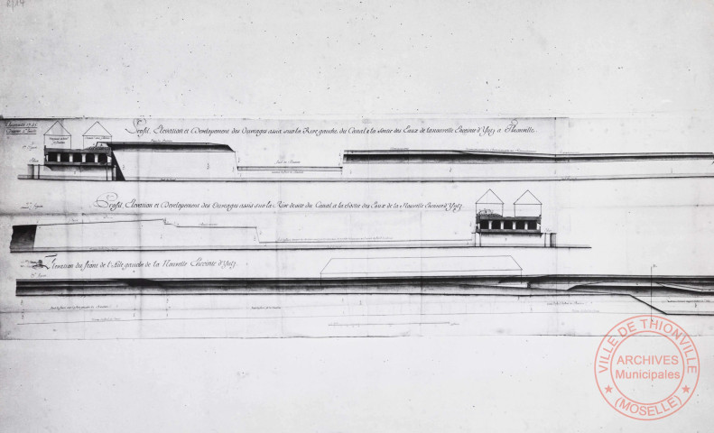 Profil, élévation et développement des ouvrages assis sur la rive gauche et droite du canal à la sortie des eaux de la nouvelle enceinte d'Yutz à Thionville