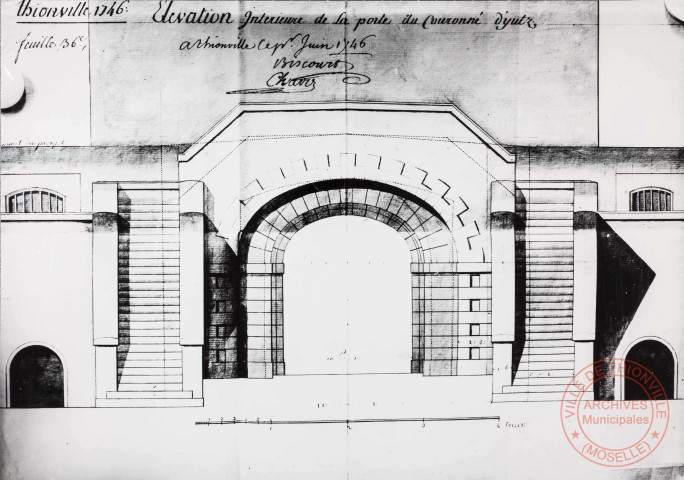 Thionville 1746 - Elévation intérieure de la porte du Couronné de Yutz.