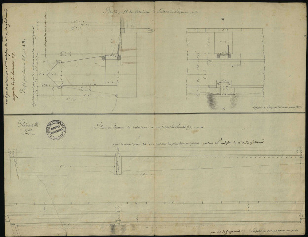 THIONVILLE 1762. PLANS, PROFILS ET ELEVATION AU SIMPLE TRAITS ET COTES DU BATARDEAU ELEVE A DROITE DE LA LUNETTE 37, POUR FAIRE VOIR LE DETAIL DE L'AQUEDUC QUI Y A ETE PRATIQUE. Carton N°4. 6ème Liasse. 12ème Pièce