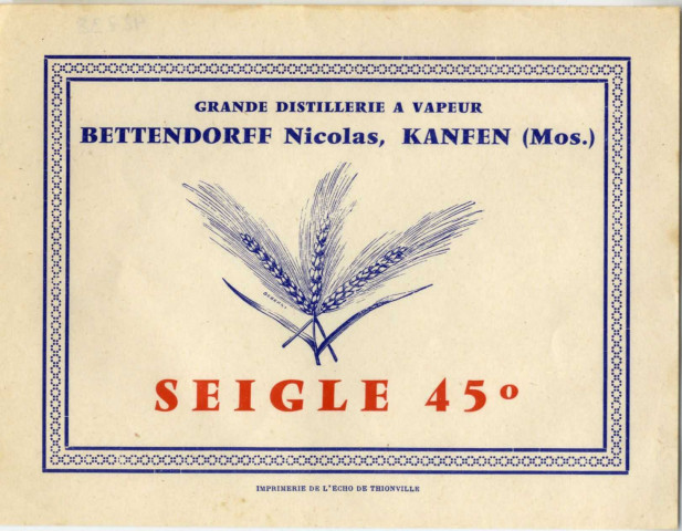 Etiquettes pour bouteilles d'alcool (rhum, eau de vie) provenant de la Distillerie Bettendorf Nicolas de Kanfen.