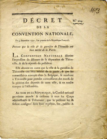 Décret de la Convention Nationale du 4 décembre 1792 portant que la Ville et la garnison de Thionville ont bien mérité de la Patrie.