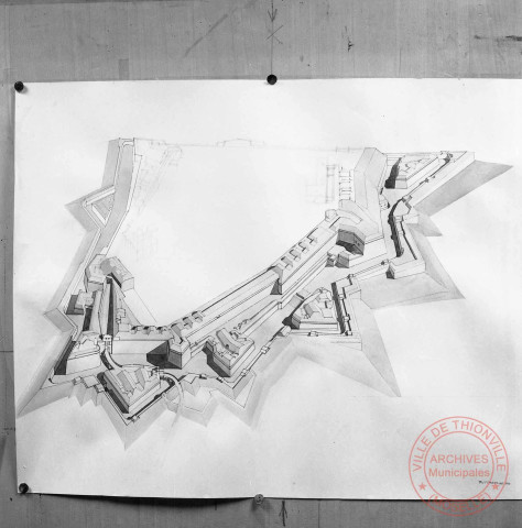 Perspective sur les bastions de Montmédy - Dessin de Truttmann en 1966